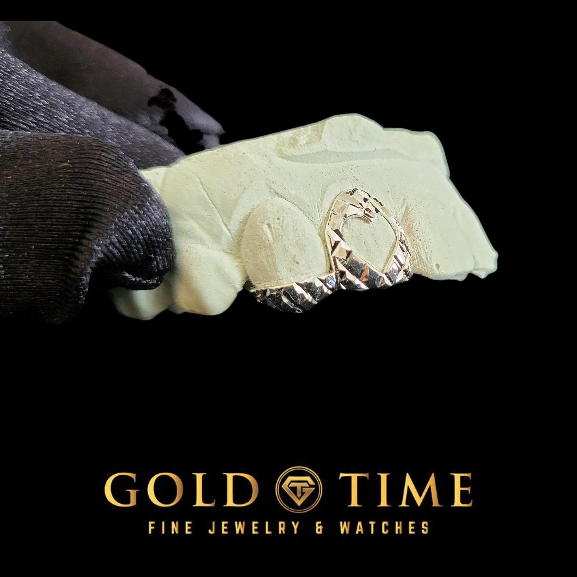 Custom Double Cap Grillz with Heart Cutout & Trillion Diamond Cuts  Incisor and Canine Tip  10K 14K Gold or Silver  Handmade Set