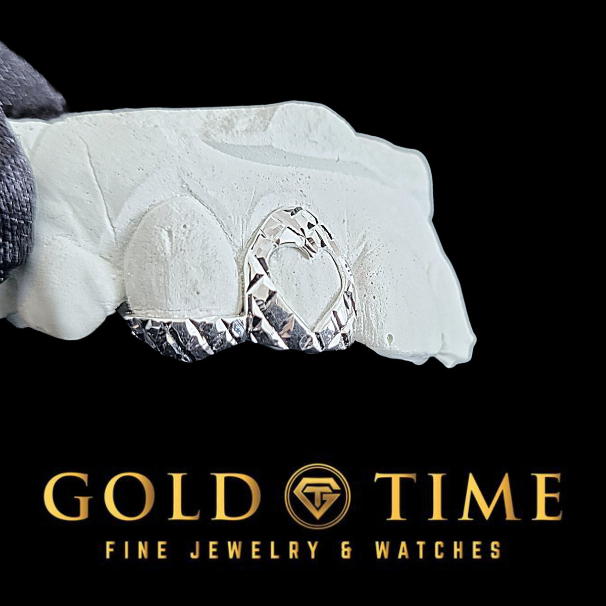 Custom Double Cap Grillz with Heart Cutout & Trillion Diamond Cuts  Incisor and Canine Tip  10K 14K Gold or Silver  Handmade Set