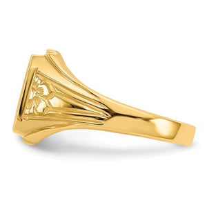 Side view of the 14K gold floral signet ring showing the engraved flower shoulder