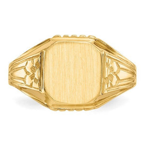 Top view of the 14K gold signet ring brushed face and floral shoulders