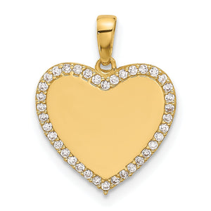 14k yellow gold engravable heart pendant with a polished center and a border of round cubic zirconia
