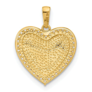 Back of the 14k gold heart pendant showing a textured beaded finish