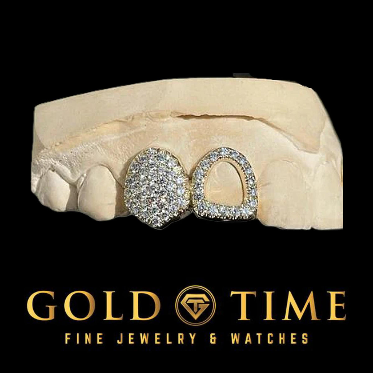 Double Cap Grillz with Open Face and Bustdown Moissanite  Custom Handmade Grill  Includes Mold Kit  Silver, 10K & 14K