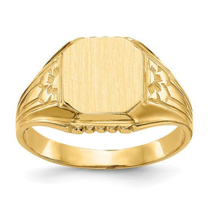 14K yellow gold floral signet ring with a blank brushed octagon face