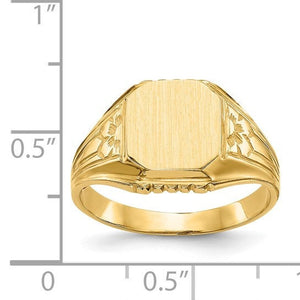 14K gold floral signet ring next to a ruler showing a face about half an inch wide