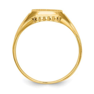 Profile of the 14K gold floral signet ring showing the open back band