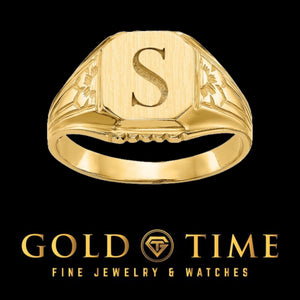 14K yellow gold women's signet ring engraved with the initial S, with floral engraved shoulders