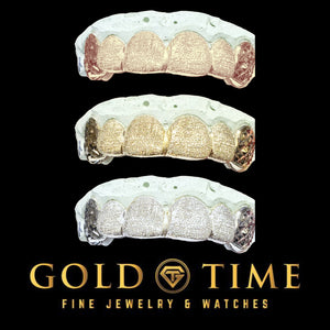 Three diamond dust 6 piece grillz sets stacked to compare rose gold, yellow gold and white finishes, Gold Time