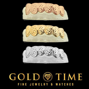 Box trillion diamond cut grillz shown in rose, yellow and white gold