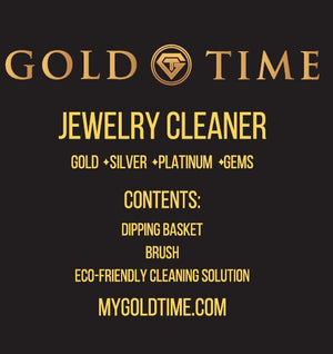 Gold Time jewelry cleaner front label listing contents: dipping basket, brush, and cleaning solution