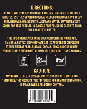 Gold Time jewelry cleaner directions and caution label with 3 minute soak instructions