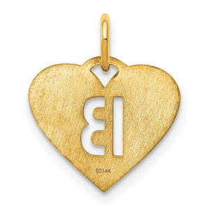Back of the gold heart initial pendant with a satin brushed finish and 14K stamp