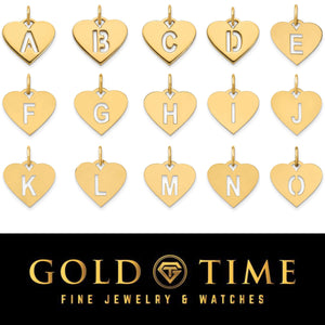 Yellow gold heart cut out initial charms, letters A through O