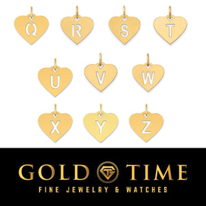 Yellow gold heart cut out initial charms, letters Q through Z