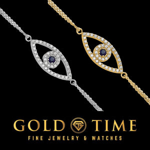 14K white and yellow gold evil eye bracelets with diamond outlines and blue sapphire centers