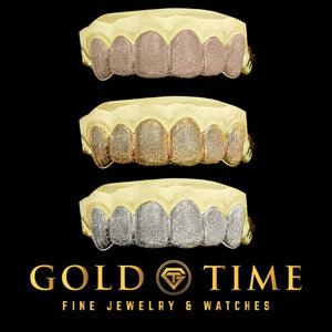 Three 6 piece diamond dust grillz sets shown together in rose gold, yellow gold and white, Gold Time
