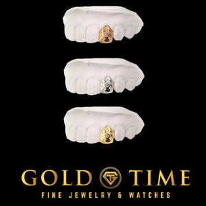 Single cap grill shown in solid 14K gold