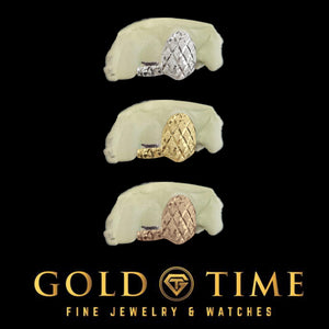 Three grillz with different metal finishes on a black background, featuring the Gold Time logo.
