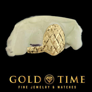 gold 2 piece grillz with diamond cuts and dust finish on a black background with Gold Time Fine Jewelry and Watches logo