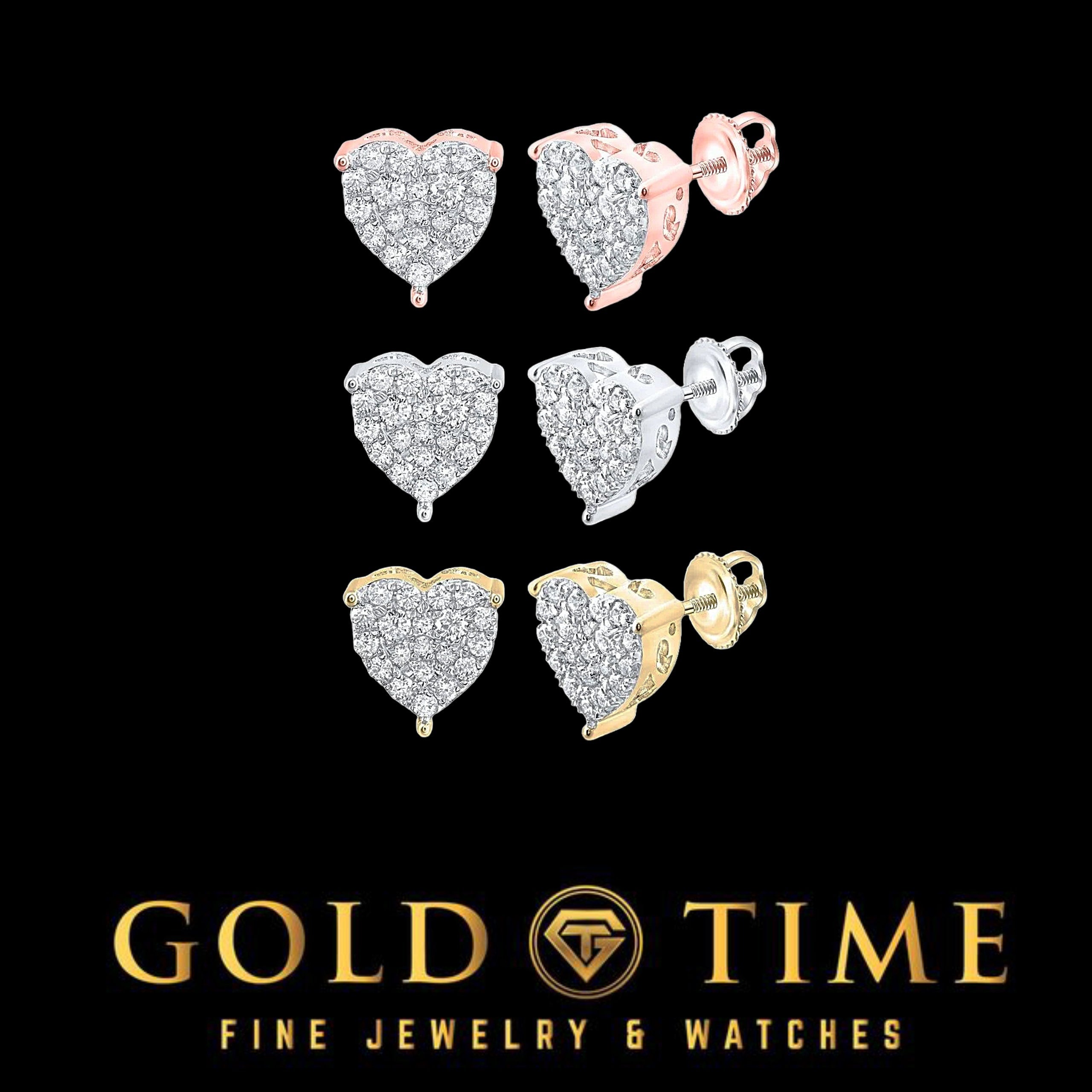 10K Gold Diamond Heart Stud Earrings  1/2 CTW Natural Pave-Set Diamonds in Yellow, White, or Rose Gold  9mm Screw Back Studs