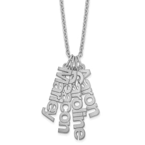 Sterling silver vertical name charm necklace with five name charms clustered on one chain