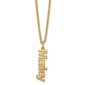Gold plated vertical name charm necklace with a single name, Marley, on a cable chain