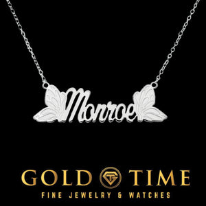 Butterfly name necklace shown in 14K gold