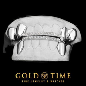 White metal 14 piece grillz set on molds: solid outer teeth with a moissanite tip bar across the front, top and bottom