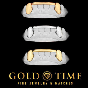 Custom 6 piece grillz with solid canines and center tip bar shown in rose gold, white and yellow gold on dental molds, Gold Time