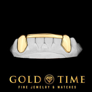 Front view of yellow gold 6 piece grillz with solid canines and center tip bar