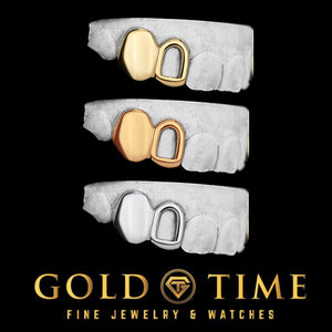 Double cap grillz with a solid canine cap and open face incisor cap in yellow gold, rose gold, and white gold