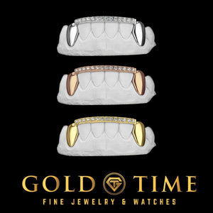 Three versions of the six piece moissanite tip bar grillz shown in white, rose and yellow gold