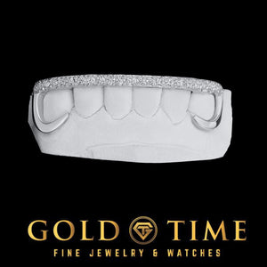 White gold open face hooks grillz with a full moissanite row along the tips, on a dental mold