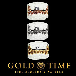 Three 10 piece grillz sets shown in rose gold, silver and yellow gold, Gold Time