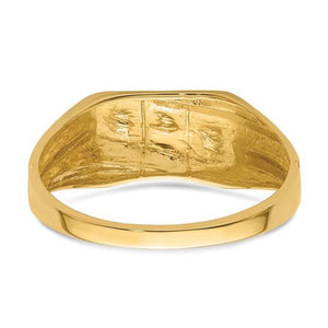 Gold ring with a textured surface on a white background