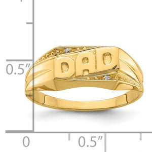 Gold 'DAD' ring with measurement scale on a white background
