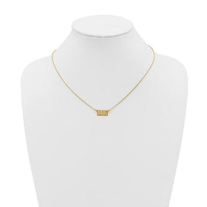 Gold plated bar name necklace displayed on a white neck form