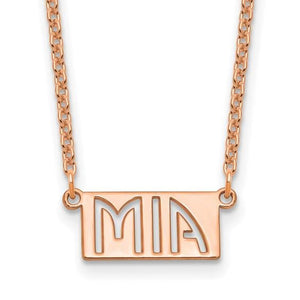 Rose plated bar name necklace with the name Mia cut out on a cable chain