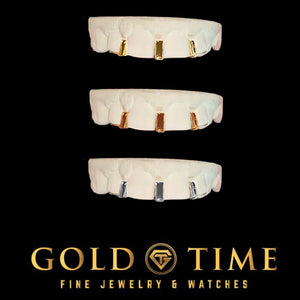 Custom 3 gap bar grillz in yellow, rose, and white gold