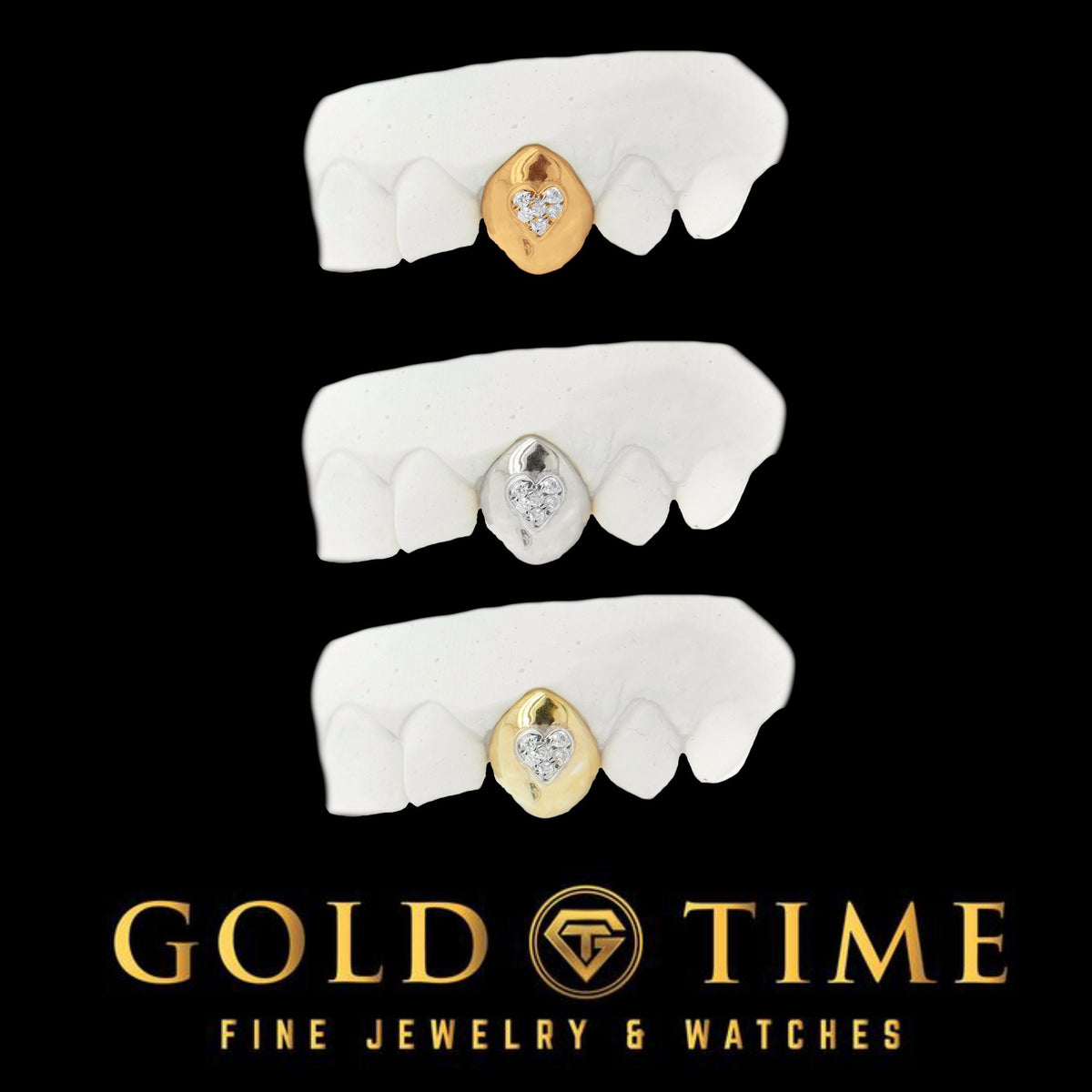 Custom Grillz - Solid Single Cap with Cubic Zirconia Heart - 10k, 14k or Silver - Yellow, White, Rose - High Polish Finish