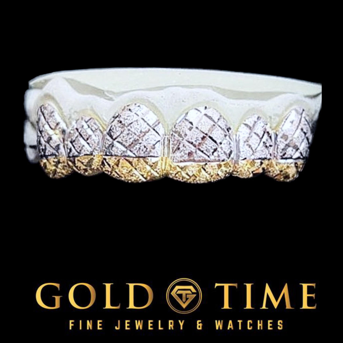 6PC Two Tone Grillz with Diamond-Cut Dust & Yellow Tips - Custom Fit Teeth Grill - Gold, Silver, Rose - Includes Mold Kit - Made to Order