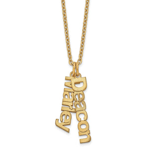 Gold plated vertical name necklace with two name charms, Deacon and Marley