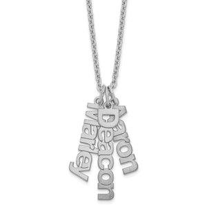 Sterling silver vertical name necklace with three name charms, Aaron, Deacon, and Marley