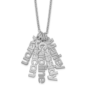 Sterling silver vertical name necklace with five name charms including Aaron, Deacon, Caroline, Cassidy, and Marley