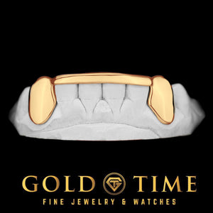 Rose gold 6 piece grillz with solid canine caps and a thin solid tip bar on a dental mold, Gold Time