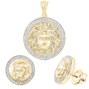 10K gold Medusa pendant and earrings set with round diamond halos