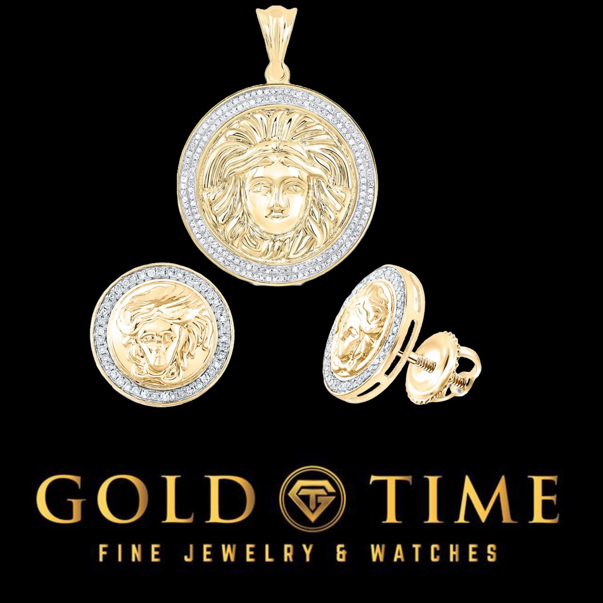 10k Gold Medusa Pendant and Earring Set: Diamond Gorgon Charm