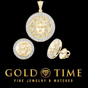 10K yellow gold Medusa pendant and matching stud earrings with diamond halos