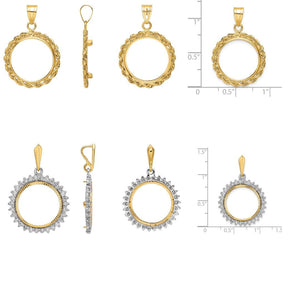 Rope edge and diamond edge 14k gold coin bezels shown from front, side, and with size scale