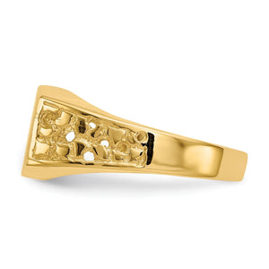 Side profile of gold signet ring showing the openwork nugget pattern on the shoulder
